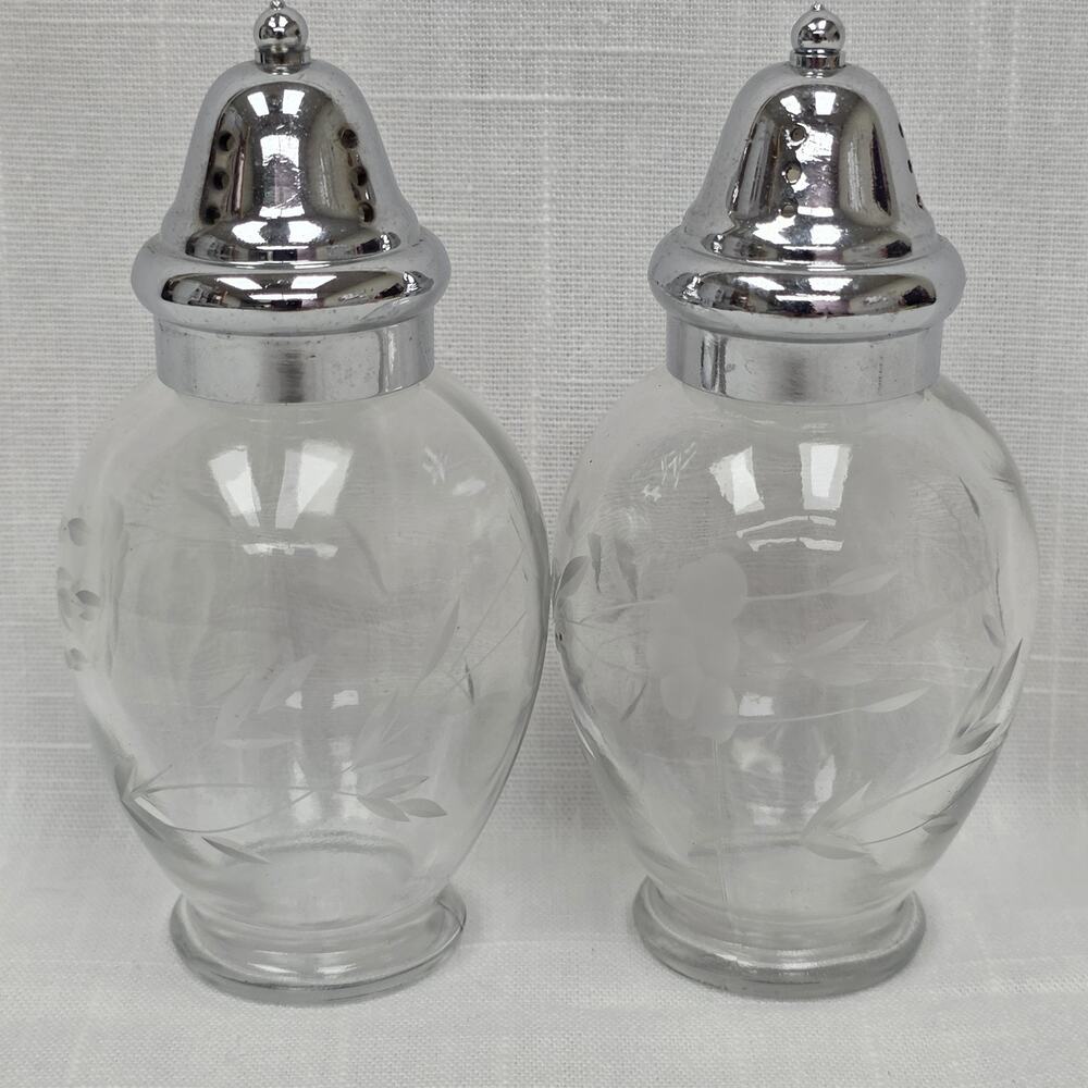 Vintage Glass Salt Pepper Shakers Etched Floral Design Silver Tone Tops